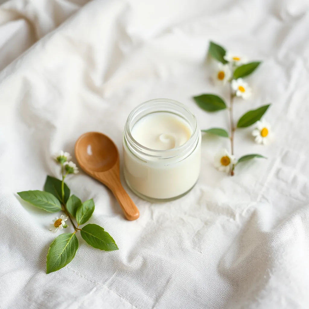 Organic cream jar with natural botanicals on a linen cloth in soft daylight
