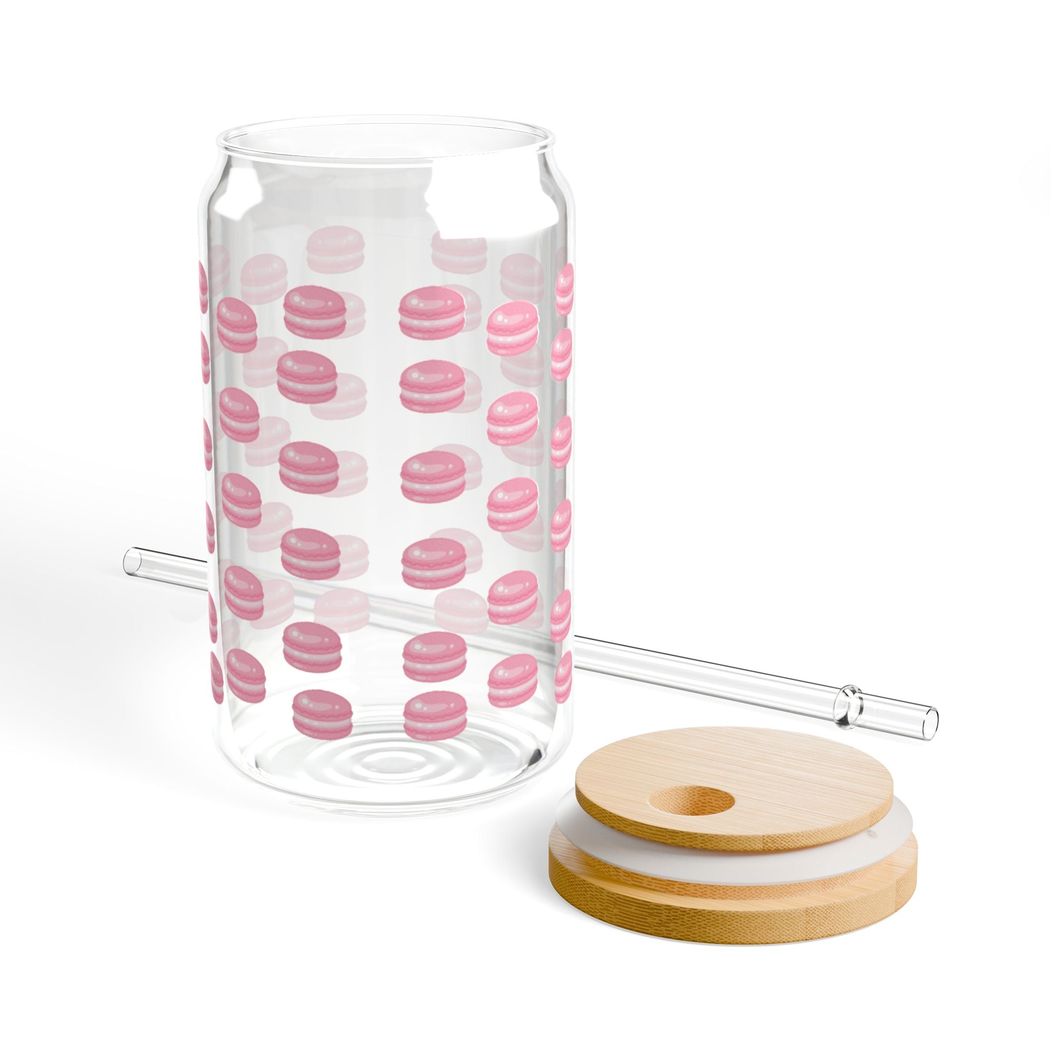 Pink Macaron Pattern 16oz Glass Sipper with Bamboo Lid & Straw — Cute French Pastry Drinkware