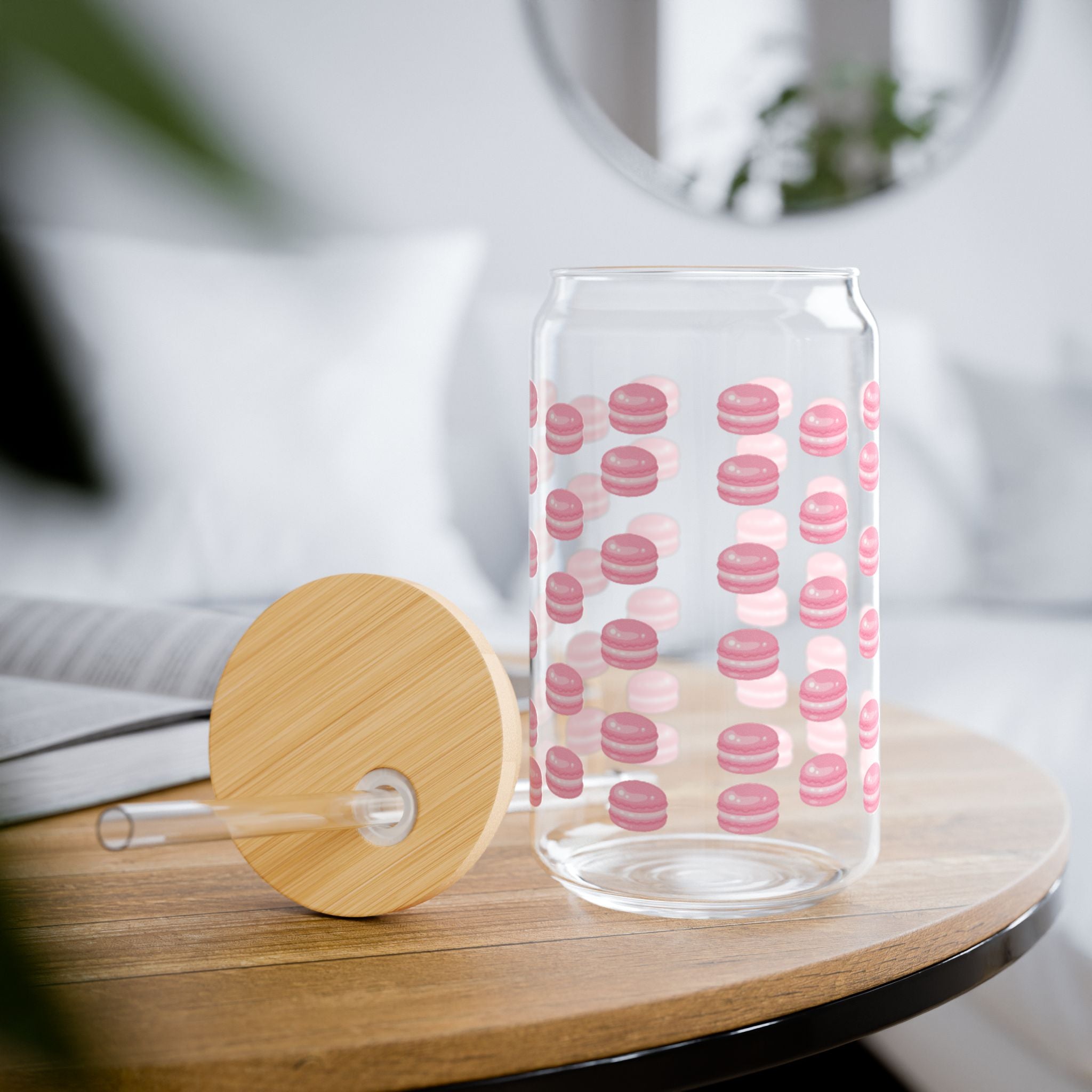 Pink Macaron Pattern 16oz Glass Sipper with Bamboo Lid & Straw — Cute French Pastry Drinkware
