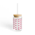Pink Macaron Pattern 16oz Glass Sipper with Bamboo Lid & Straw — Cute French Pastry Drinkware