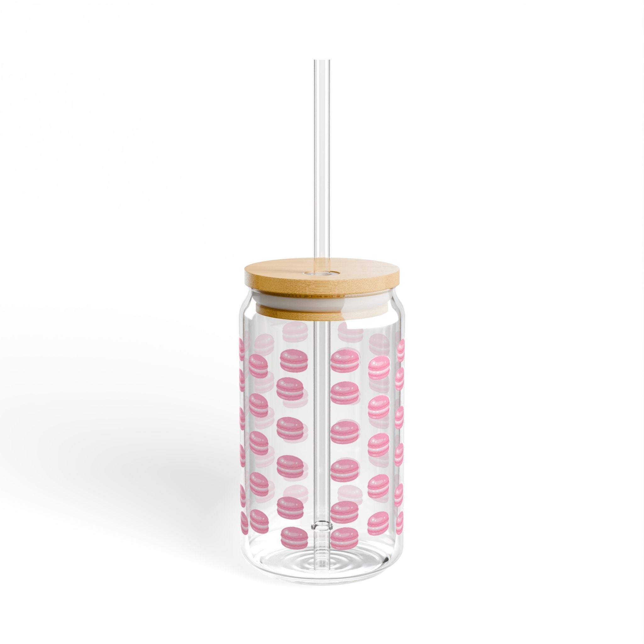 Pink Macaron Pattern 16oz Glass Sipper with Bamboo Lid & Straw — Cute French Pastry Drinkware