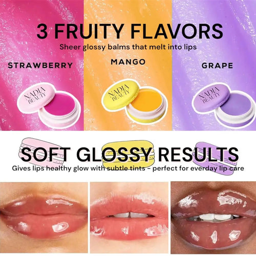Promotional graphic for NADIA BEAUTY soft glossy lip balms showing three flavors: Strawberry, Mango, and Grape. The top half features three vertical panels with pink, orange, and purple textured backgrounds, each showing the open balm jar and lid.