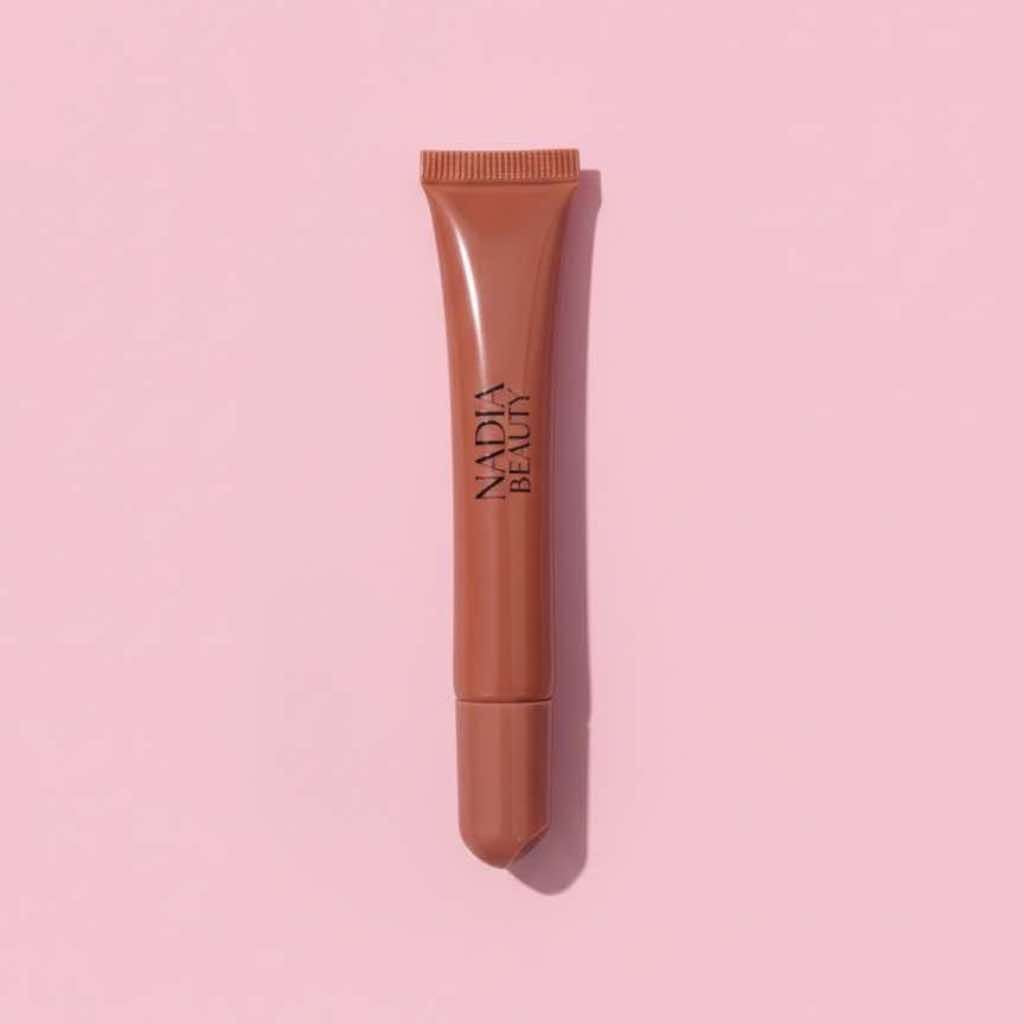 A single tube of NADIA BEAUTY makeup in a warm nude brown shade, standing vertically on a solid light pink background.