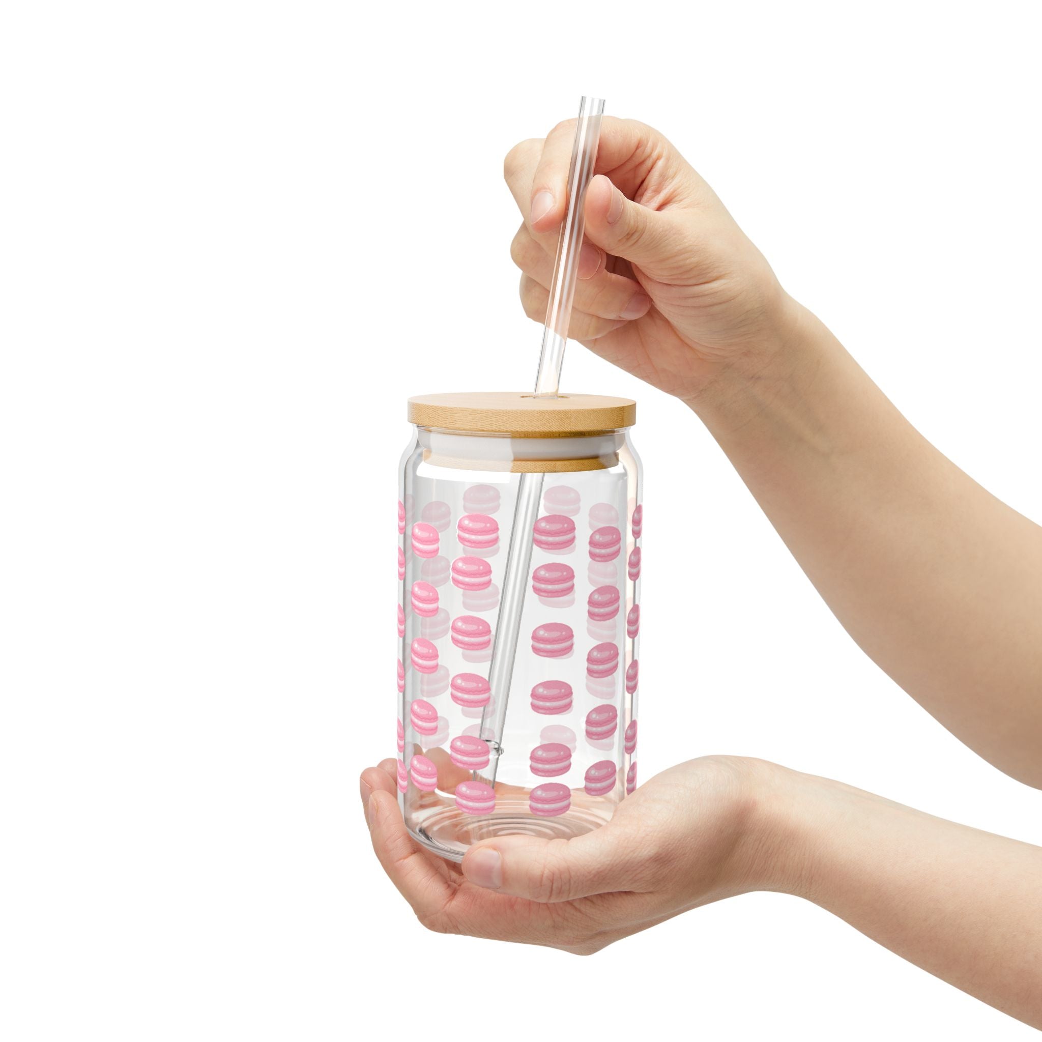 Pink Macaron Pattern 16oz Glass Sipper with Bamboo Lid & Straw — Cute French Pastry Drinkware