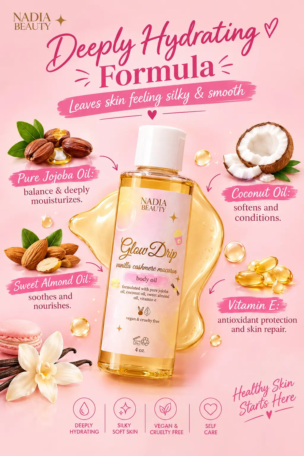 Nadia Beauty Glow Drop body oil bottle centered on a pink promotional background with text highlighting ingredients like jojoba oil, coconut oil, almond oil, and vitamin E, plus decorative botanical and gold droplet graphics.