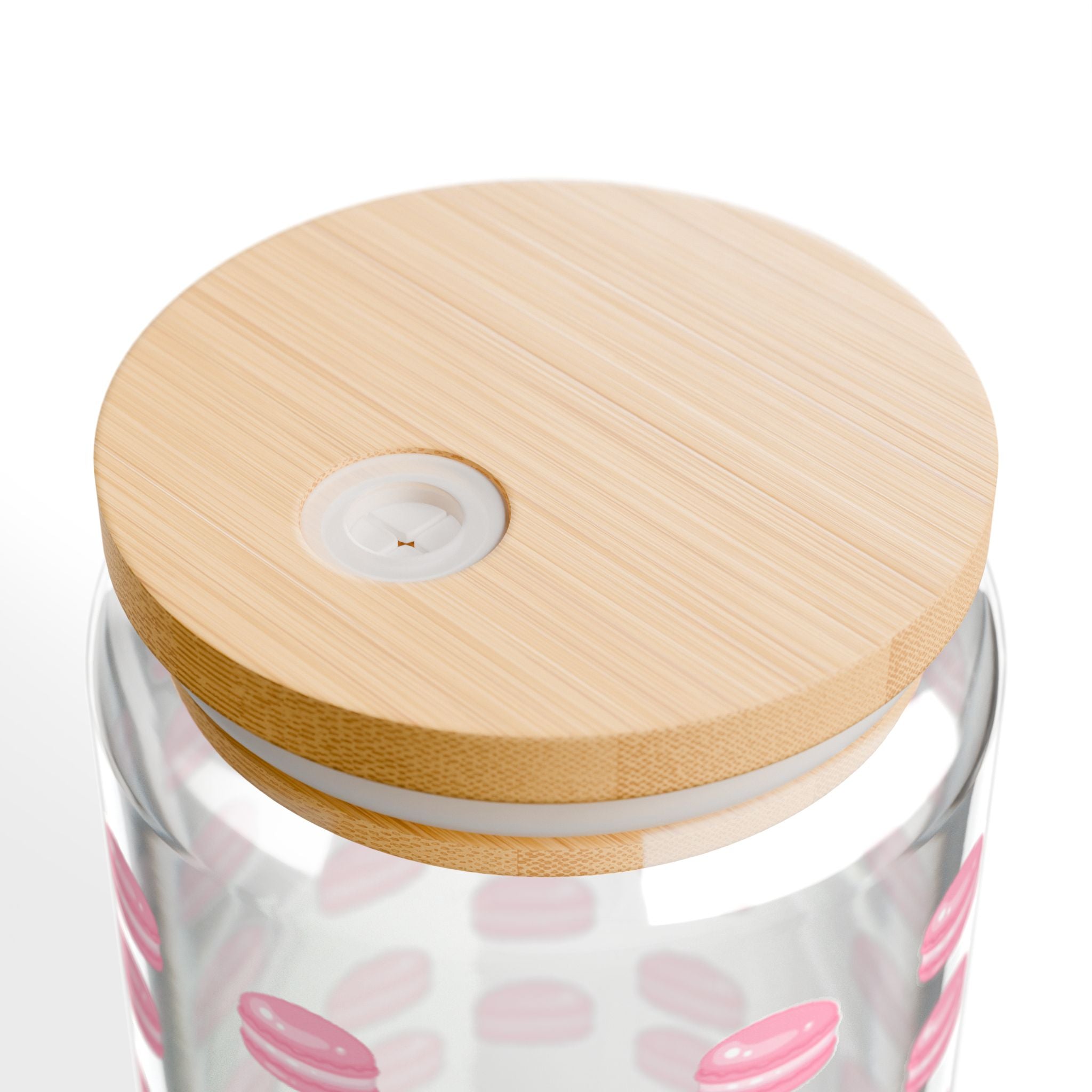 Pink Macaron Pattern 16oz Glass Sipper with Bamboo Lid & Straw — Cute French Pastry Drinkware