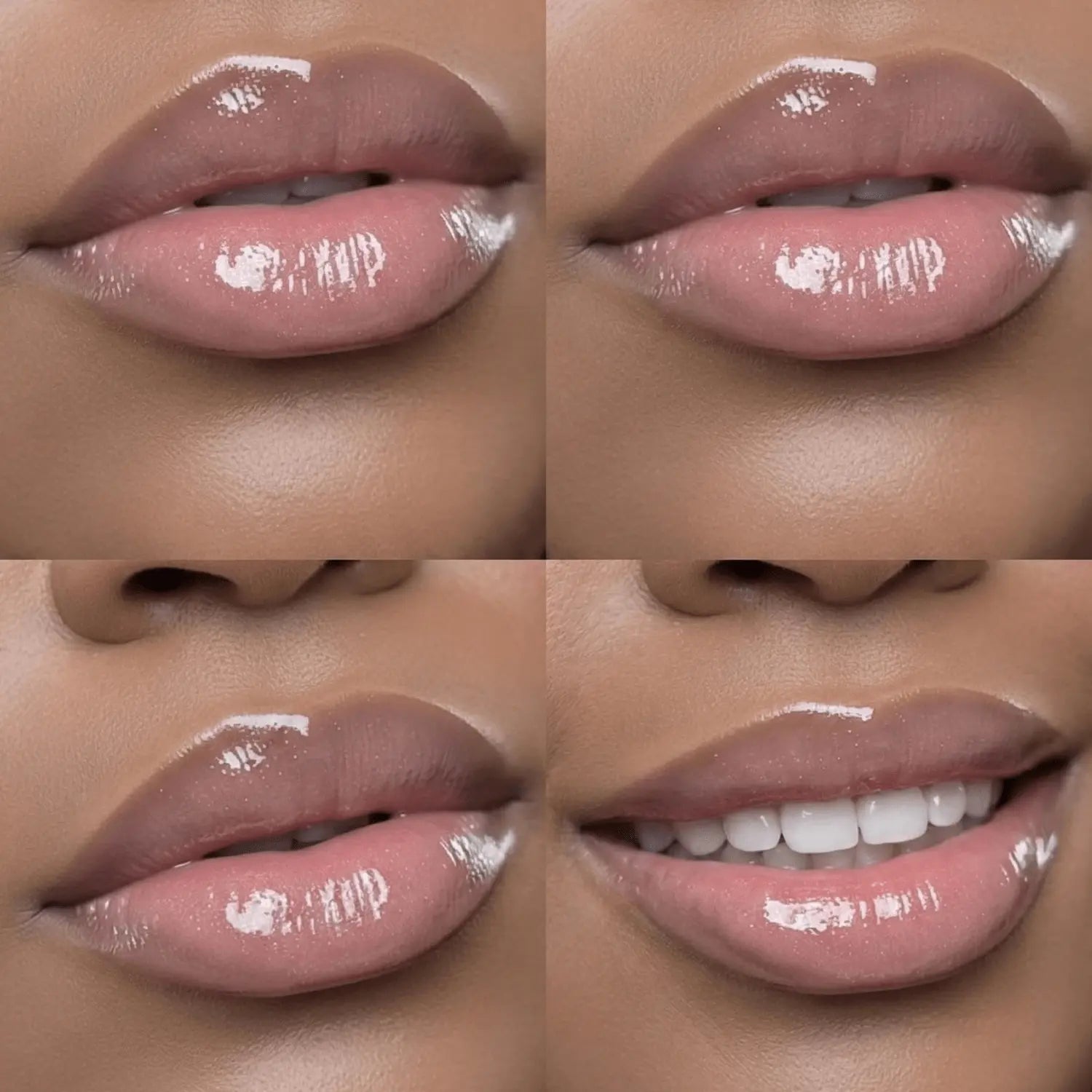 Close-up of a person's lips with a glossy lip product on a neutral background