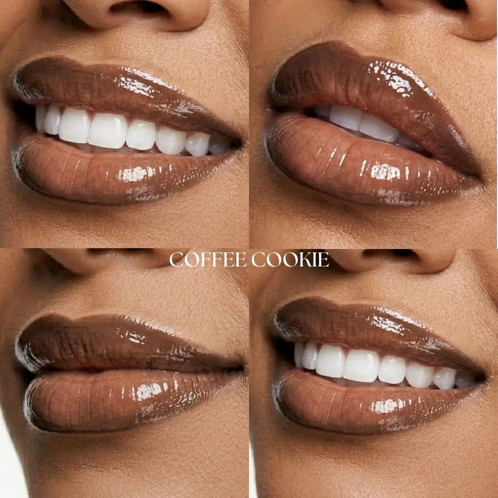 Close-up of a woman's lips with 'Coffee Cookie' lipstick shade.