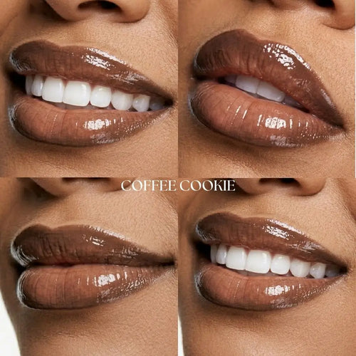 Close-up of a woman's lips with 'Coffee Cookie' lipstick shade.