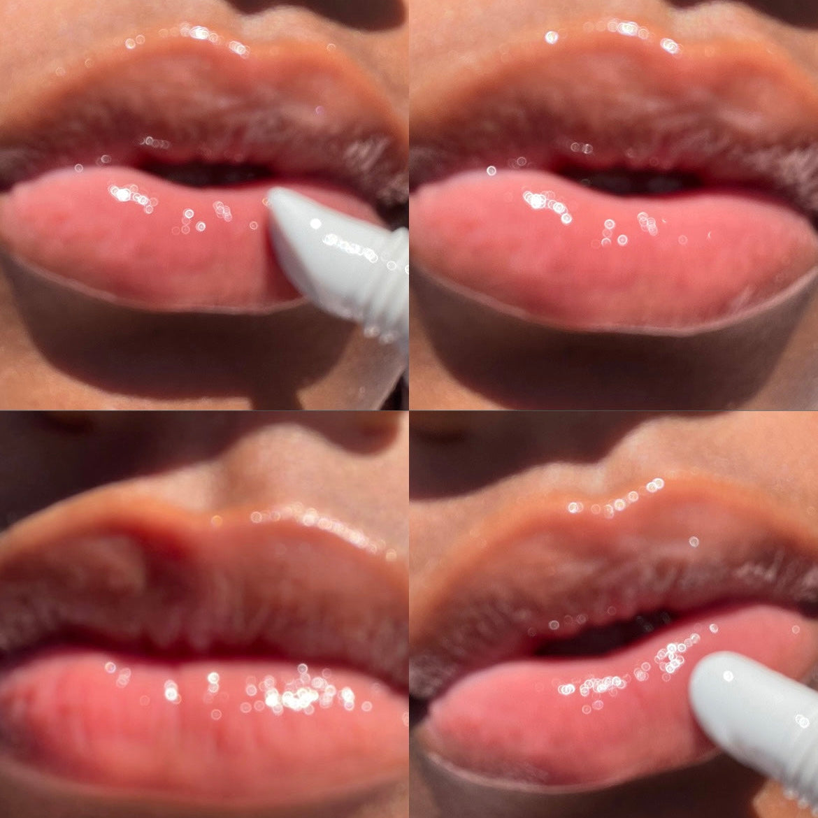 Close-up of glossy lips with a white lip balm applicator.