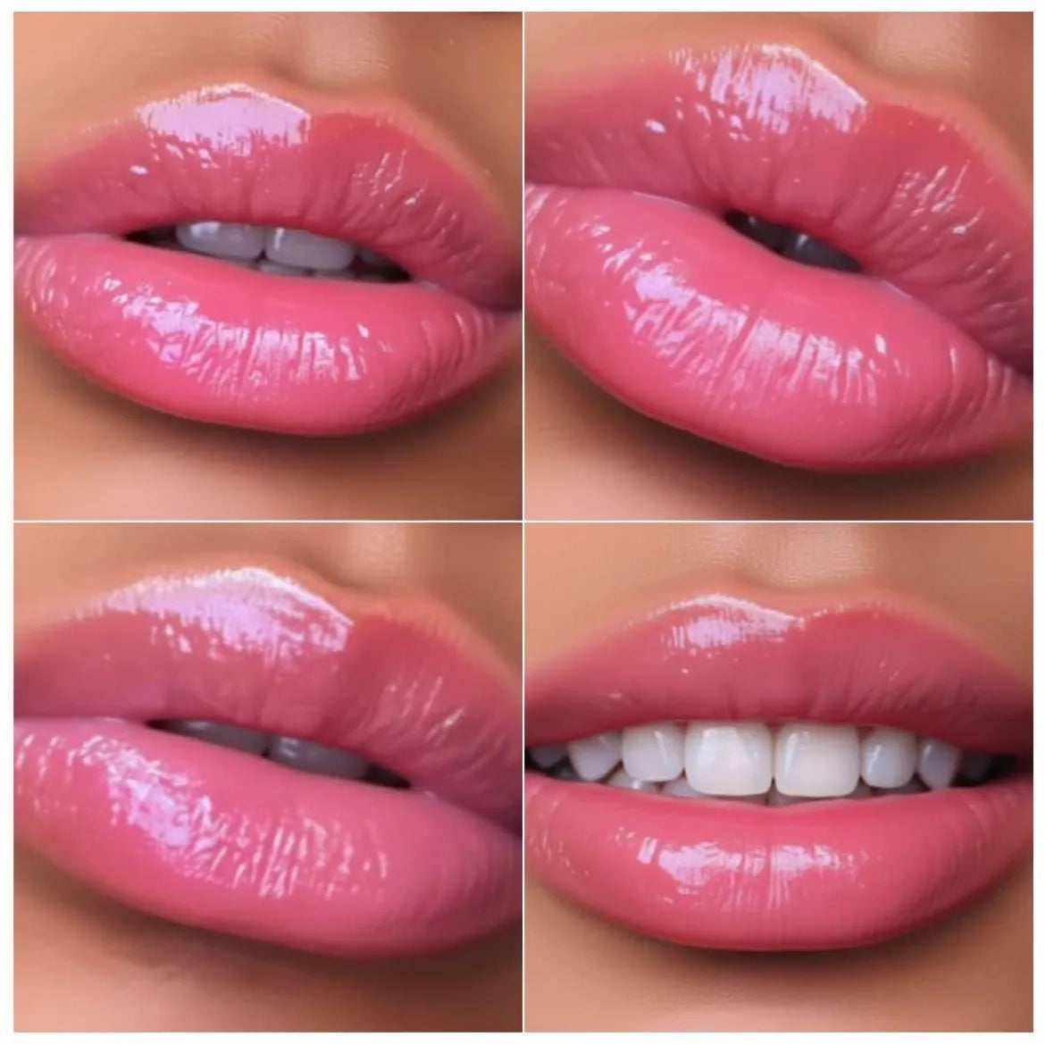 Close-up of glossy pink lips with a grid layout.