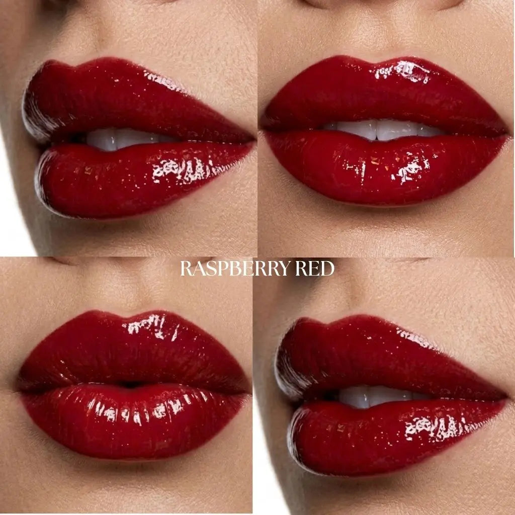 Close-up of glossy red lip combo kit on lips with 'Raspberry Red' text.