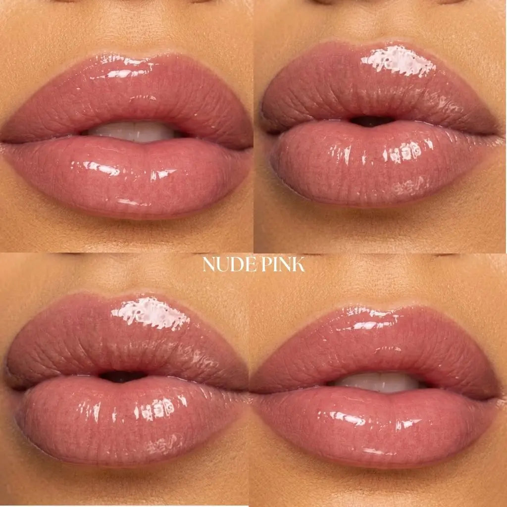 Close-up of lips wearing a nude pink lip combo on a beige background