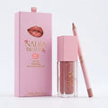 Nadia Beauty lip kit with lip gloss and lip liner on a light pink background
