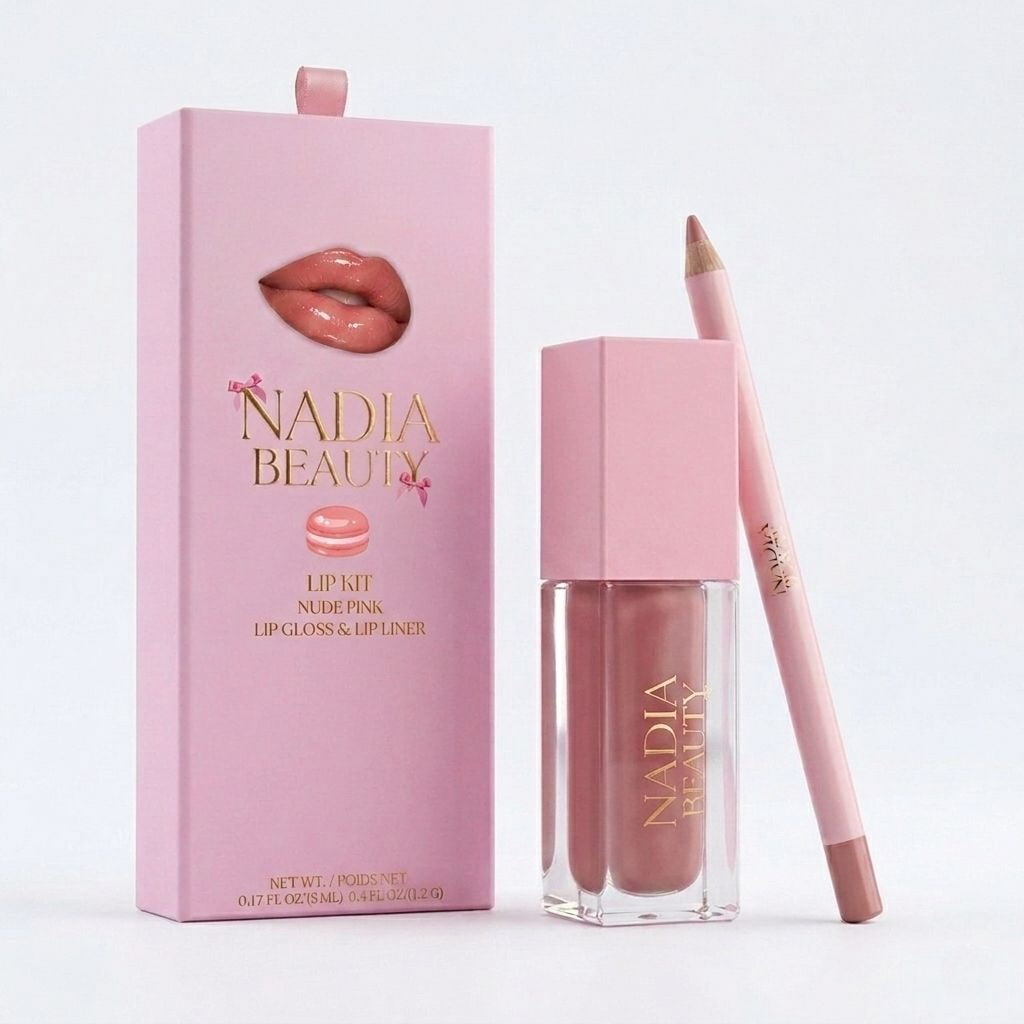 Nadia Beauty lip kit with lip gloss and lip liner on a light pink background
