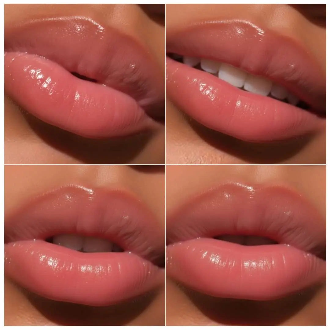 Collage of close-up images of lips with a glossy lip product.