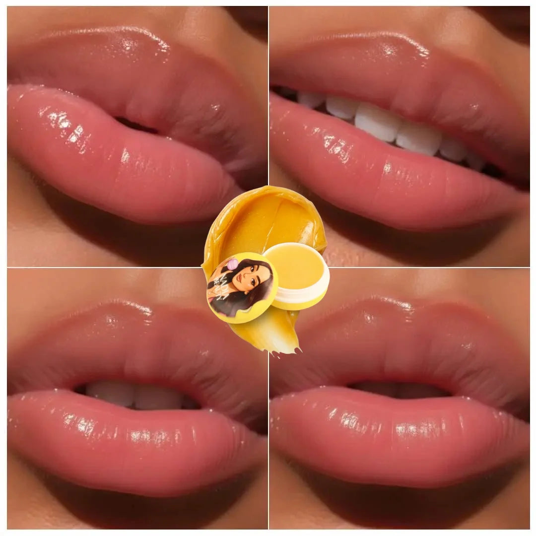 Collage of close-up images of lips with a mango lip balm in the center.