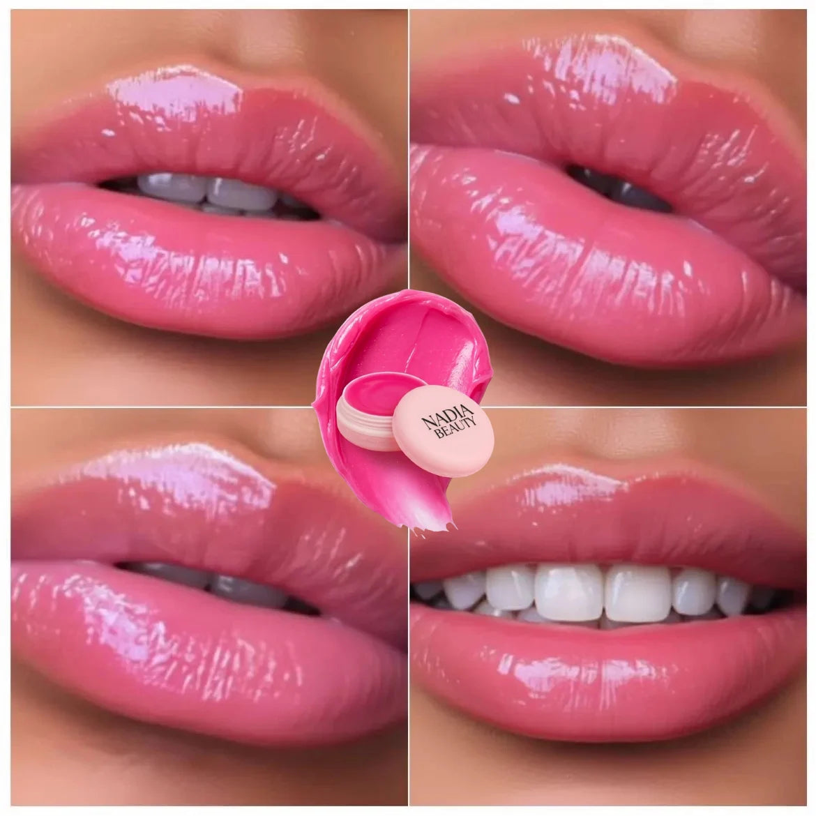 Collage of pink lip balm application on lips with Nadia Beauty product.