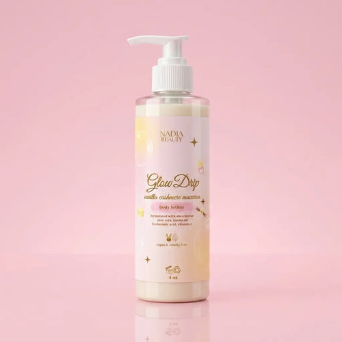 Nadia Beauty Glow Drip body lotion bottle on a pink background