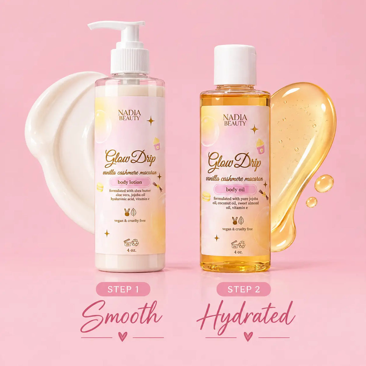 Two Nadia Beauty Glow Drip body care products on a pink background, labeled Step 1 Smooth and Step 2 Hydrated, with cream and golden translucent gel swatches behind them.