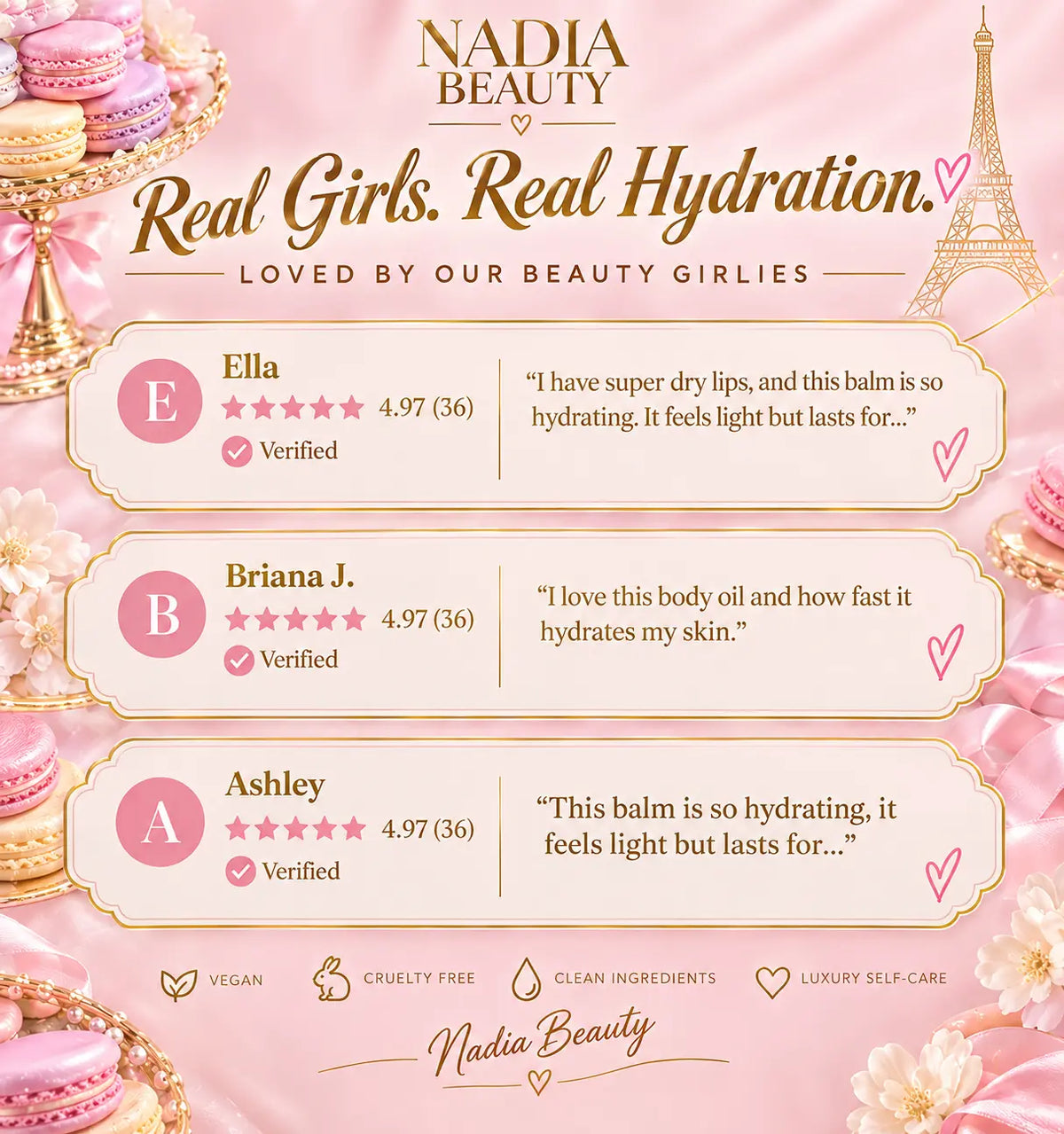 A pink promotional graphic for Nadia Beauty 'Real Girls. Real Hydration.