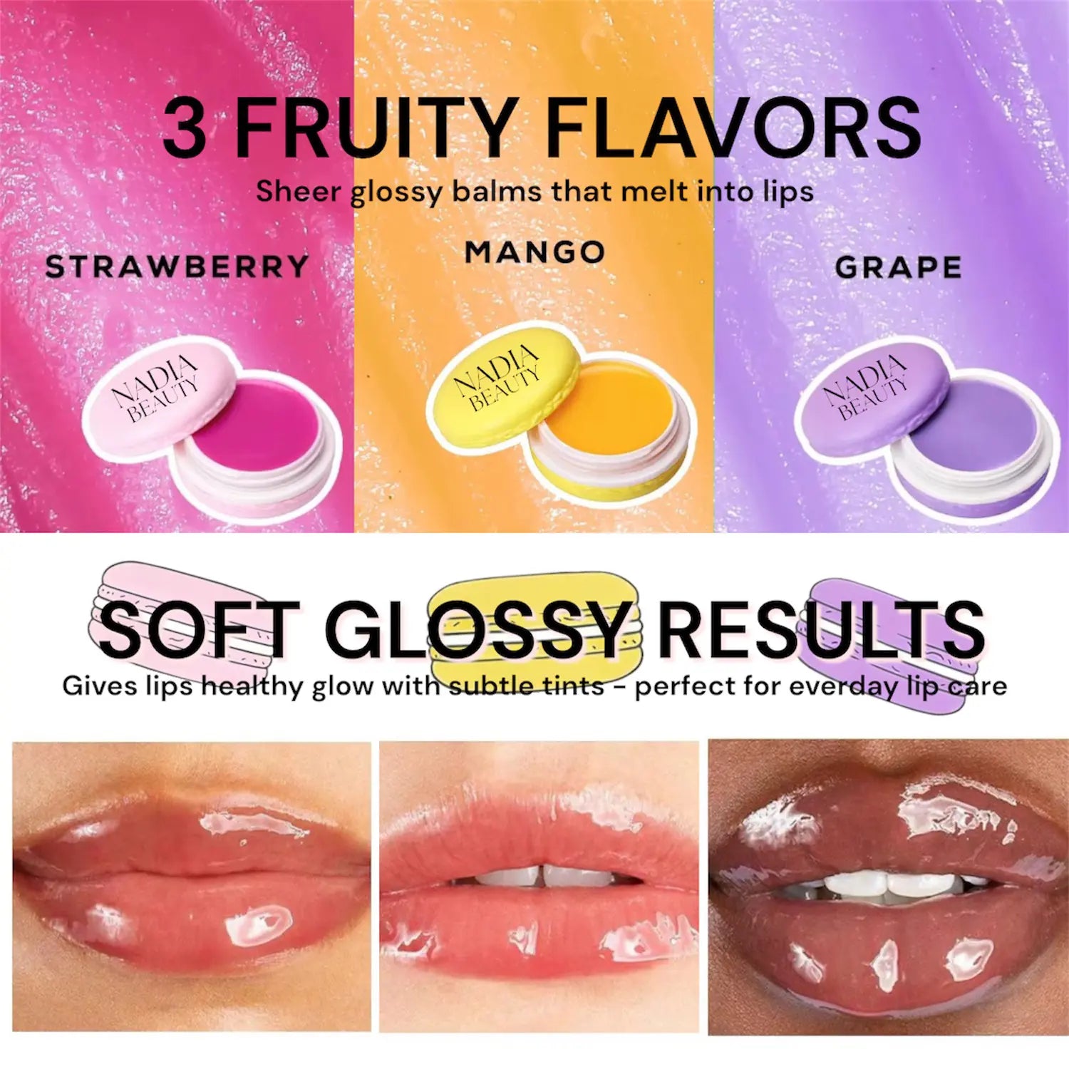 Lip balm product with strawberry, mango, and grape flavors, showing soft glossy results on lips.