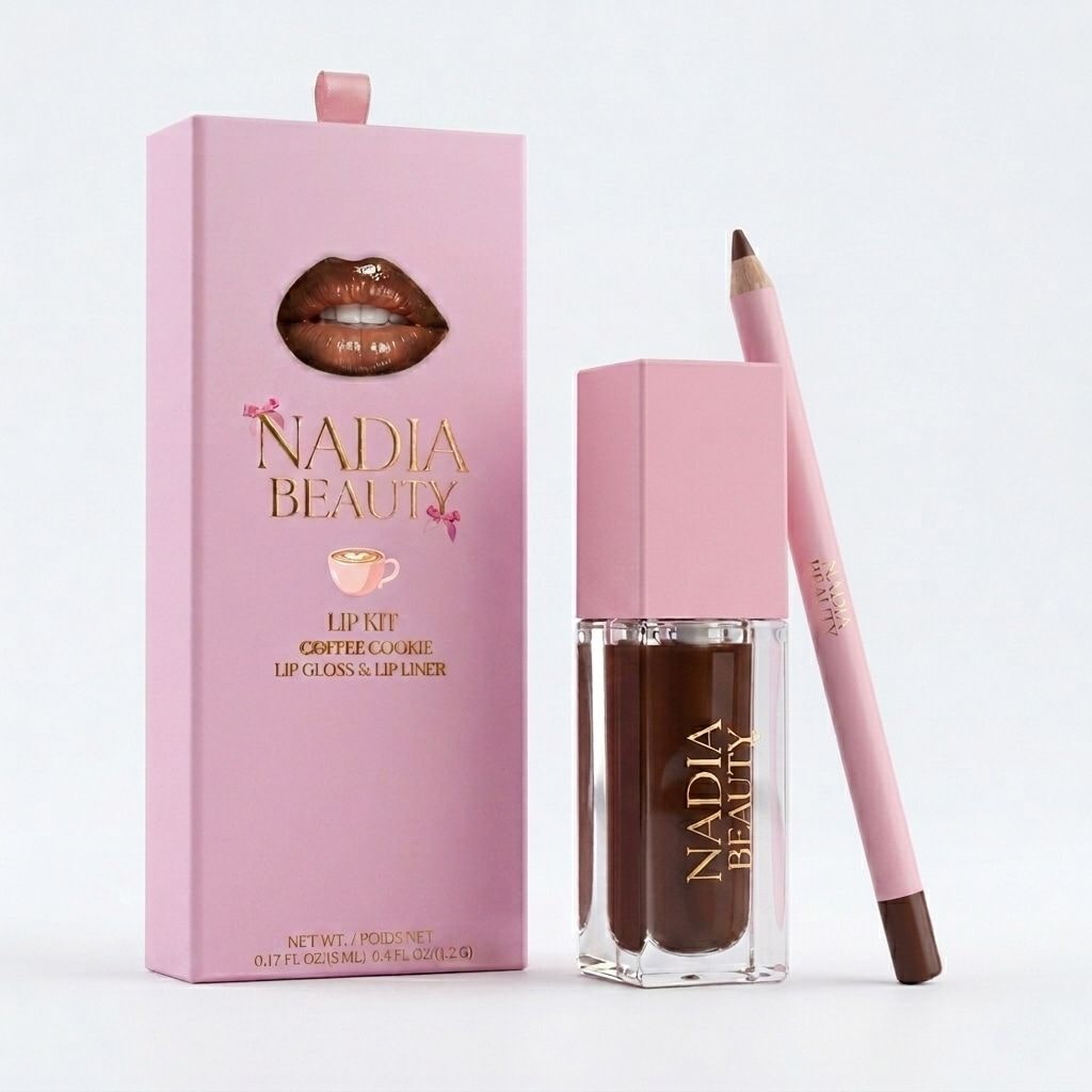Nadia Beauty lip kit with lip gloss and liner on a white background