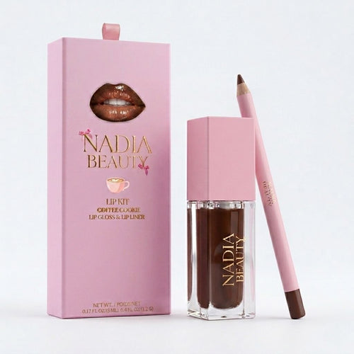 Nadia Beauty lip kit with lip gloss and liner on a white background