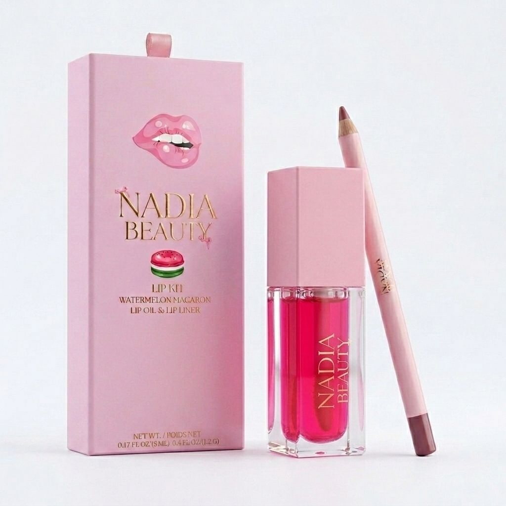 Nadia Beauty lip oil and lip liner set with pink packaging on a white background
