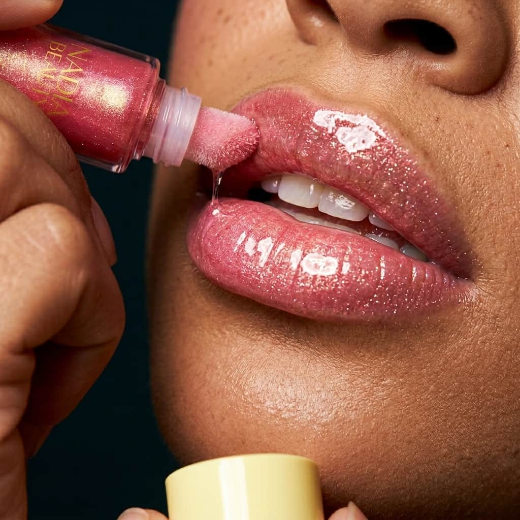 Person applying glittery pink lip gloss to their lips with a focus on the product and action.