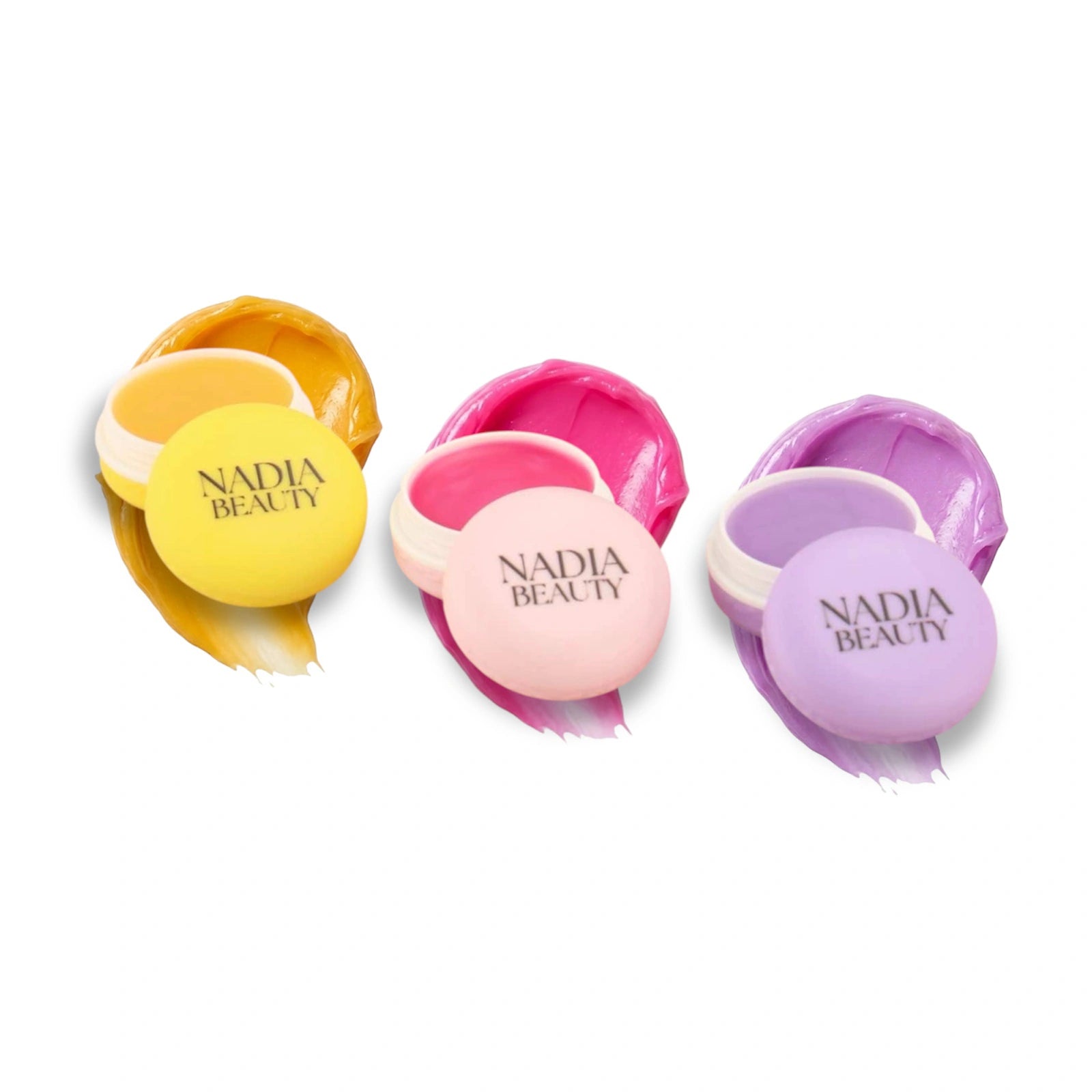 Three colorful lip balms with 'Nadia Beauty' branding on a white background